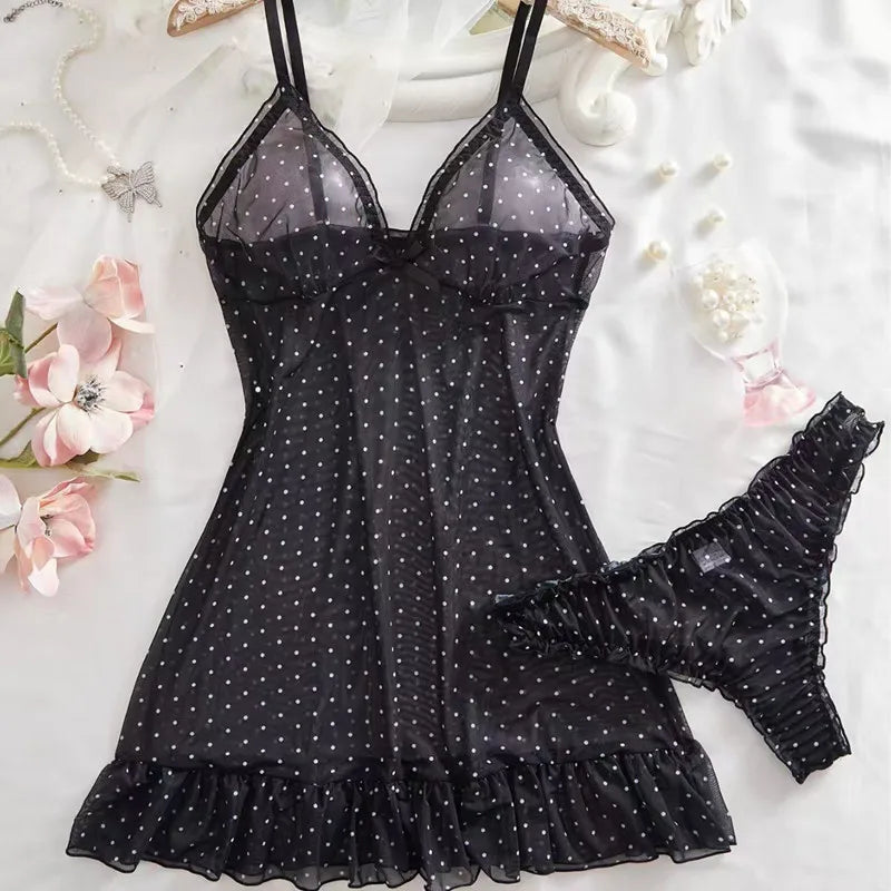 Ladies Sexy Pink Deep V Neck Polka Dot Stretch Mesh Camisole Nightdress With Matching Panties Sleepwear Lingerie Set