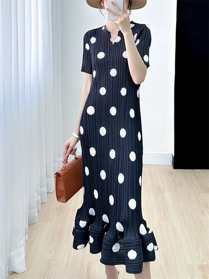 Beautiful Womens Dresses Evening Dresses Miyake Summer Ladies Polka-dot V-neck