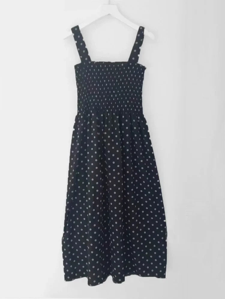 Polka Dot Chiffon Square-Neck Maxi Dress