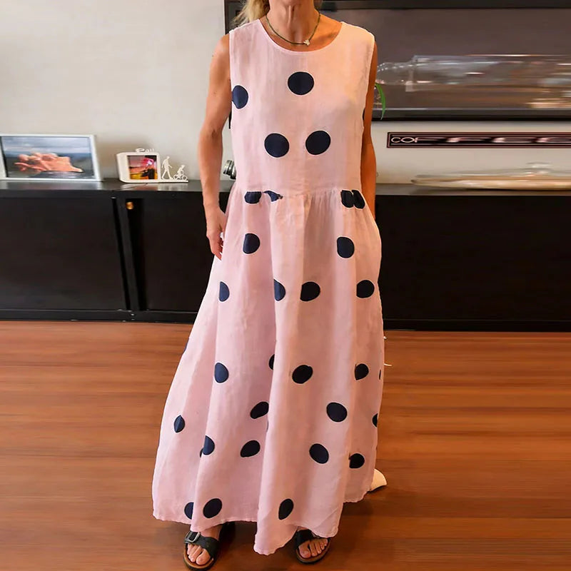 Fashion Polka Dot Printed Draped Maxi Dress Casual Cotton