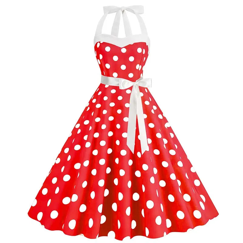Women Summer Party Dress With Belt Polka Dot Print Halter Hepburn
