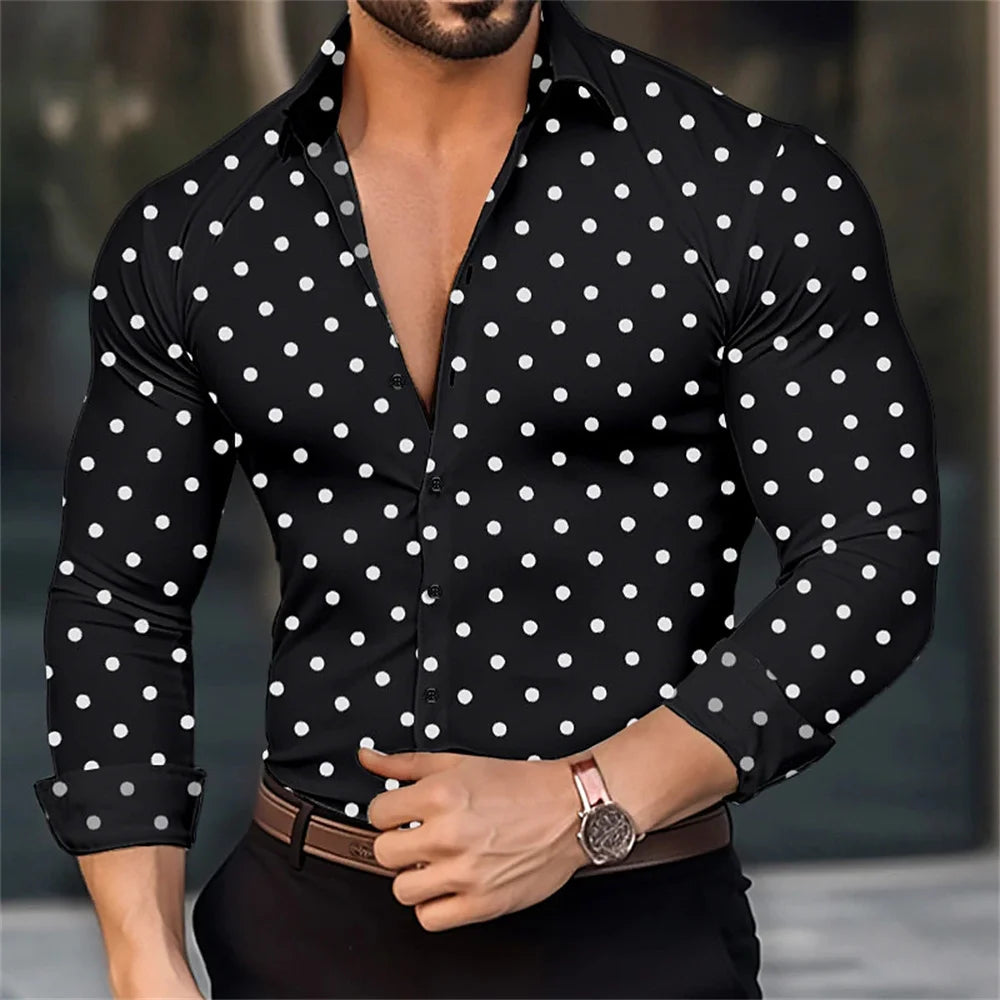 Men's Long Sleeved Polka Dot Printed Lapel Top Button Up