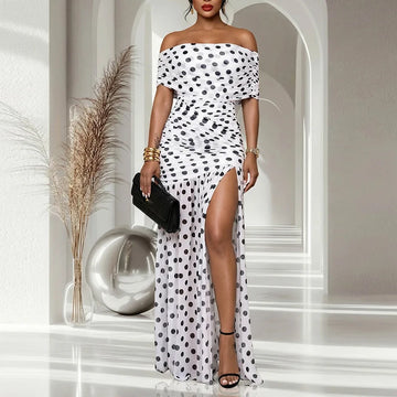 Polka Dot Mesh Off-Shoulder Pleated Party Dress