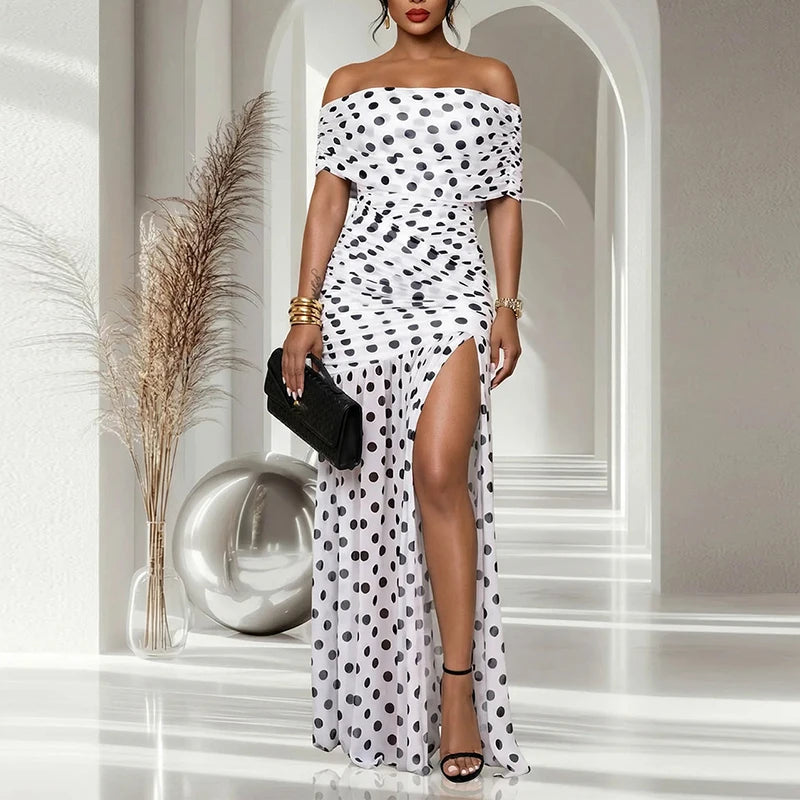 Polka Dot Mesh Off-Shoulder Pleated Party Dress