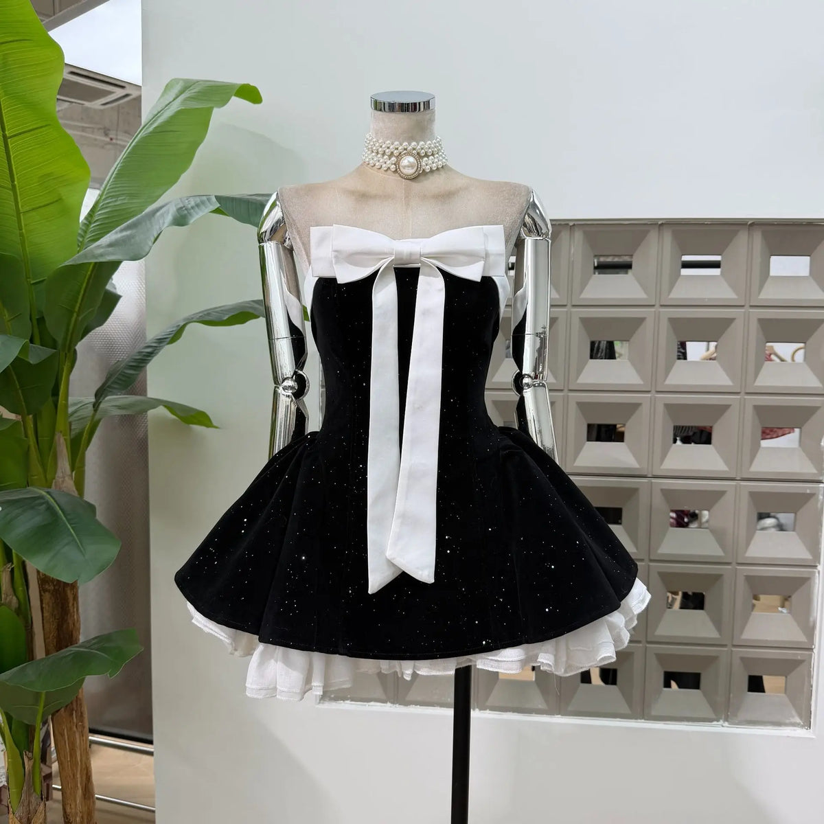 Women Sexy Strapless Backless Polka Dot Bow A Line Dress Party