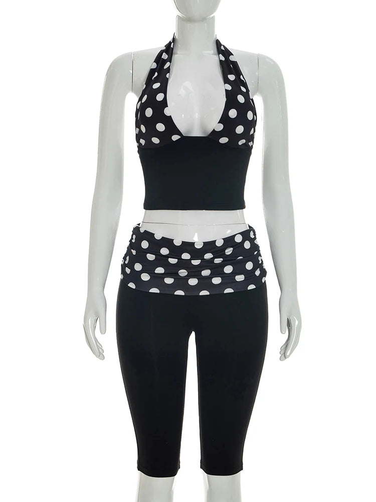 Leosoxs Patchwork 2-Piece Set Women Backless Halter Low-Neck Vest+Folds Elastic Waist Short Fashion Polka Dot Print Suits
