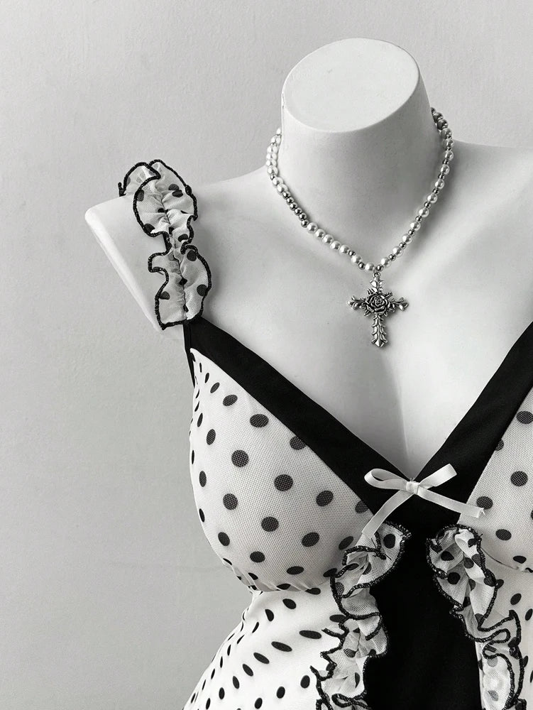 Plus Size Y2K Polka Dot Dress, Ruffle Trim Bow Front Cami Mini Dress
