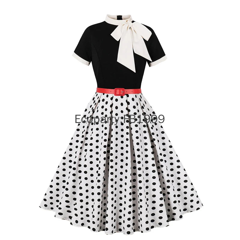 Women Summer Retro Casual Party Dress Elegant Short Sleeve Polka Dot