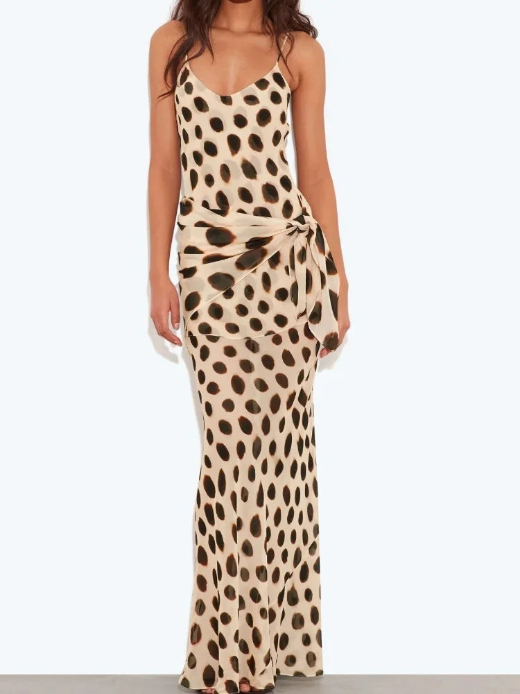 Sexy Polka Dot Print Sling Maxi Dress Women Fashion V-neck Spaghetti Strap