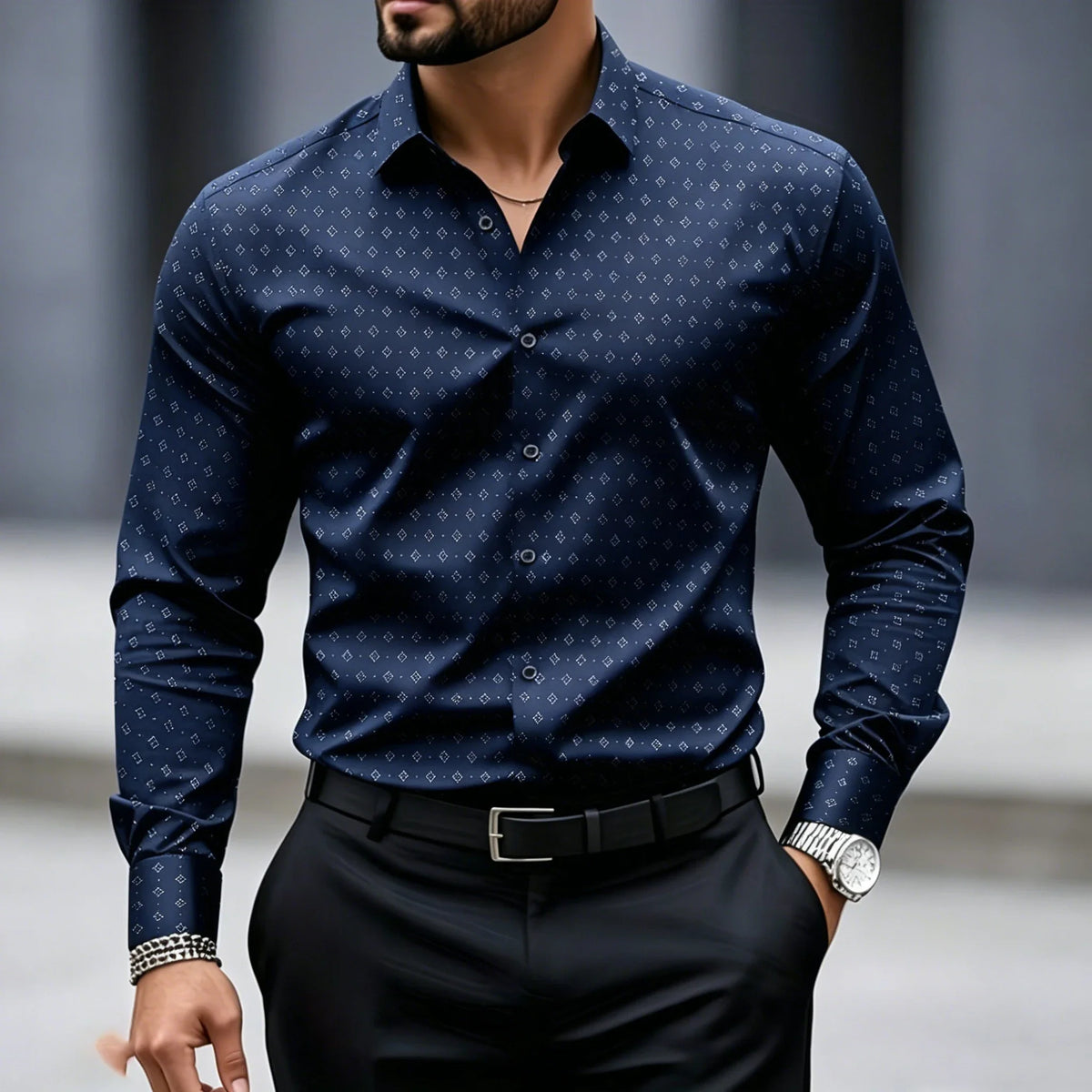 High end black fine geometric polka dot shirt for men slim fit long sleeved business suit