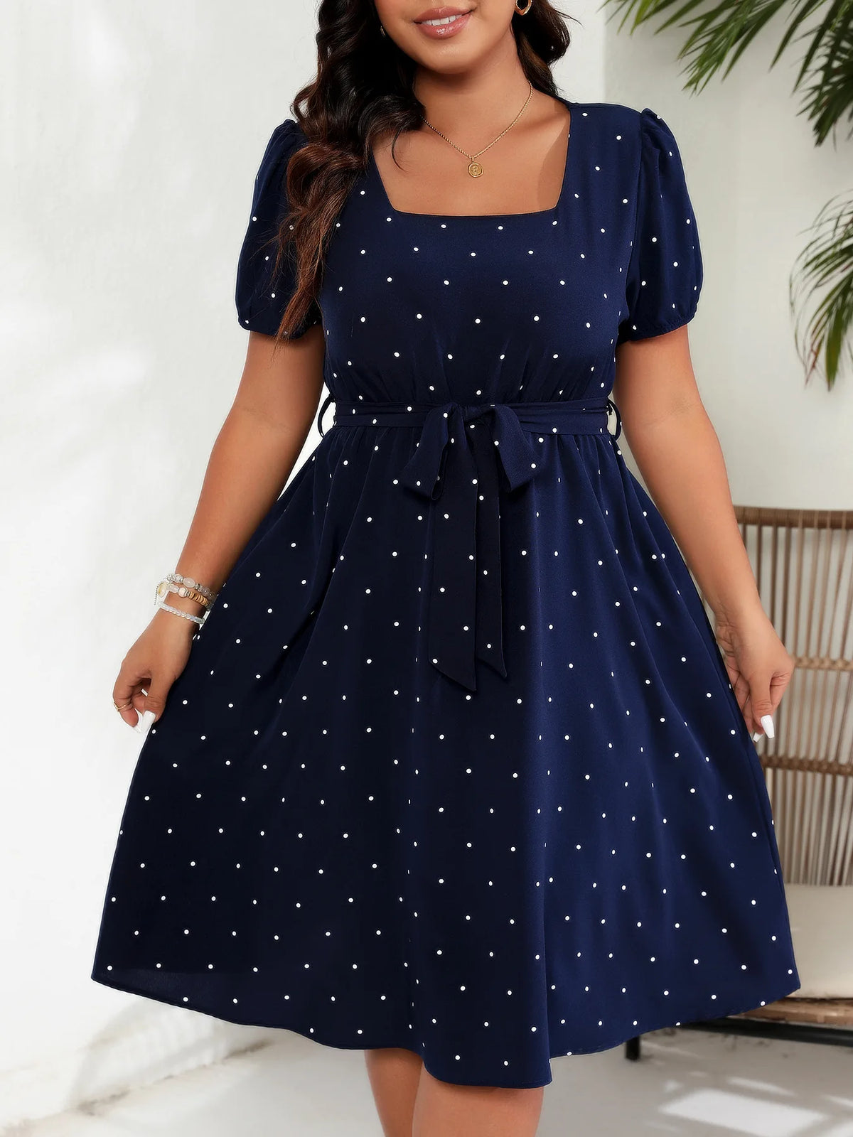 Women's Elegant Retro Polka Dot Dress European American Plus Size Waist Cinched Lace Up Square Neck Big Swing Dresses with Belt