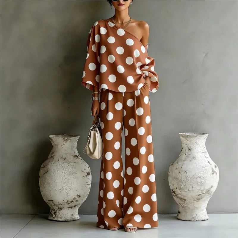Women's Polka Dot 2 Piece Outfit One Shoulder Blouse And Wide Leg Pants Set Casual Loose Summer Party Tracksuit Elegant New 2026