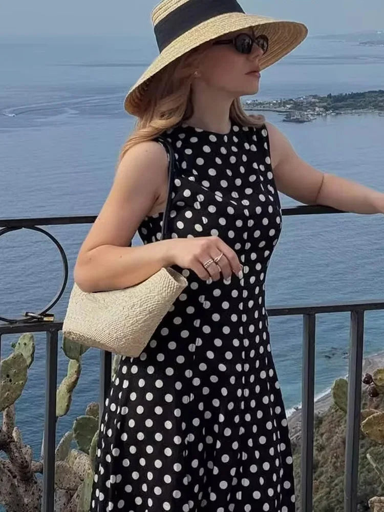 HH Women Polka Dots Print Summer Midi Dress O-Neck Sleeveless Rear Zipper Sexy Dress Female Fashion Slim Beach Party Dress