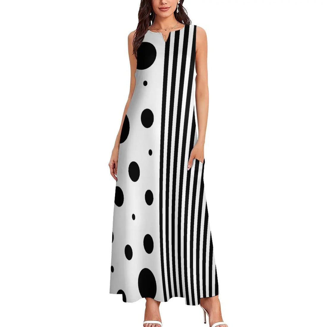 Robe Striped Polka Dot Women Beach Dress Summer Black and White Two Tone