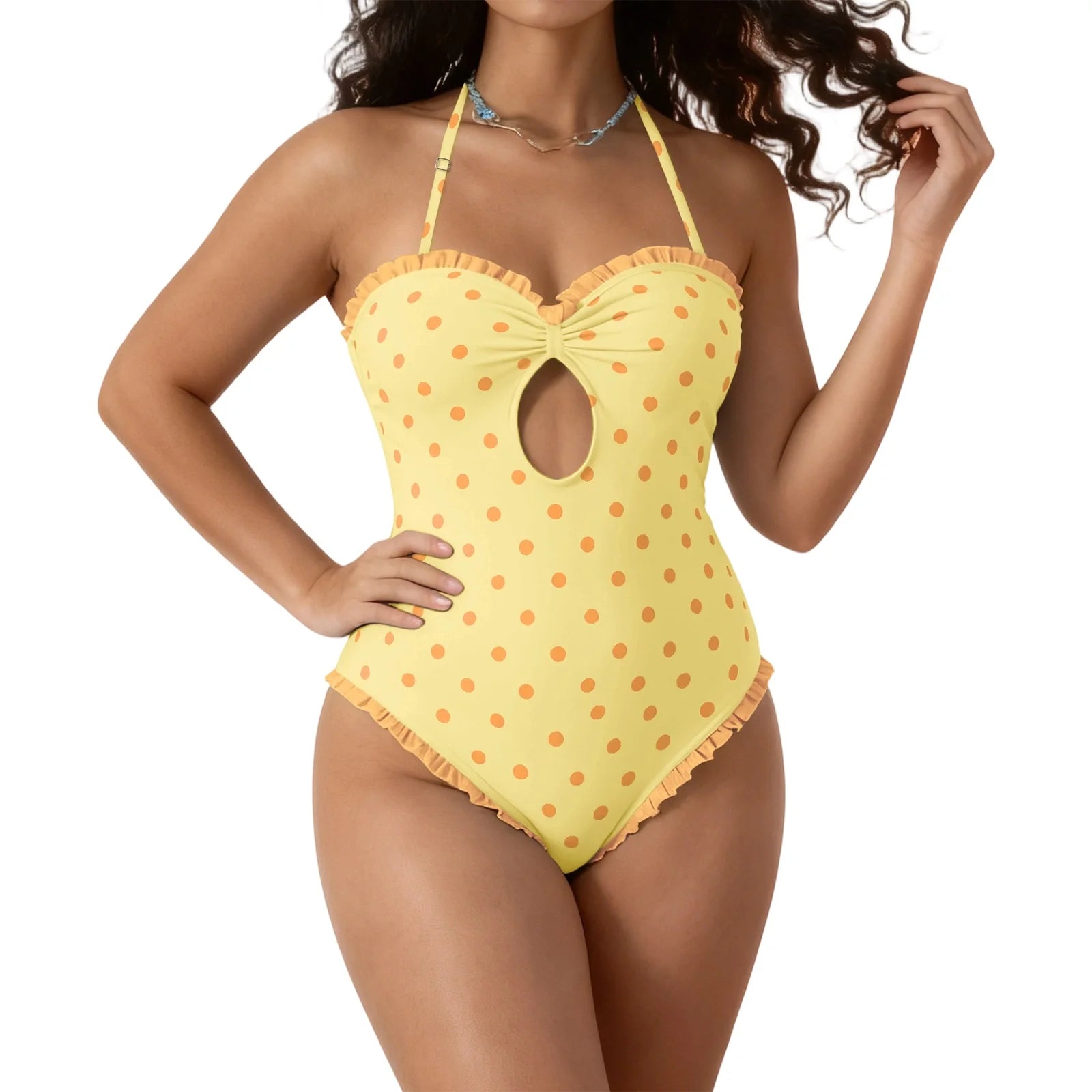 Polka Dot Ruffle Swimsuit Women White Black Keyhole