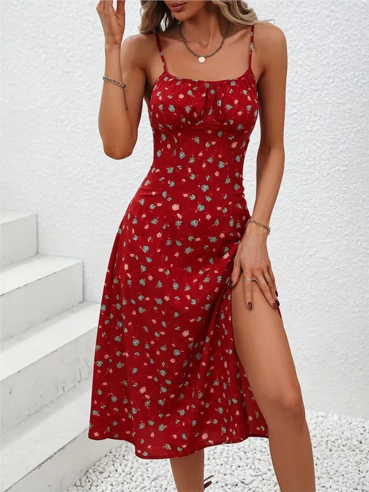 Polka Dot Spaghetti-Strap Midi Dress with Side Slit