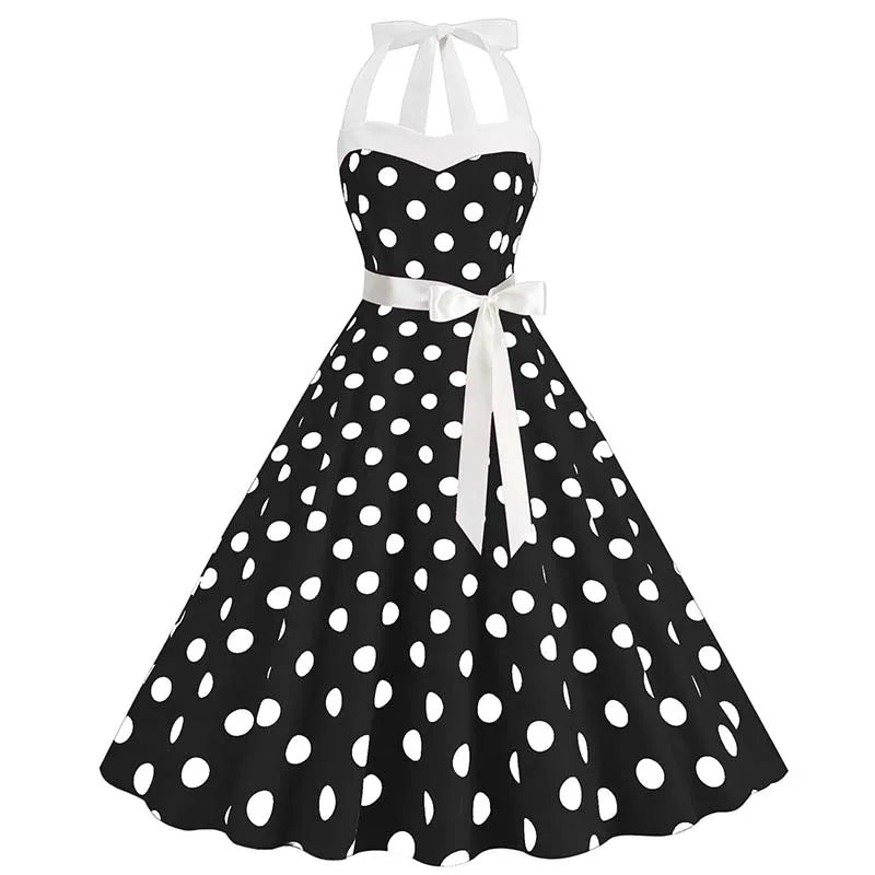 Women Summer Party Dress With Belt Polka Dot Print Halter Hepburn