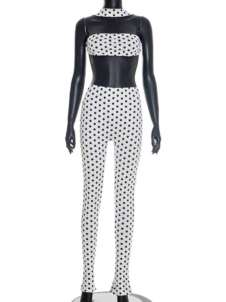 Women's Polka Dot Halter Crop Top & Skinny Pants Set