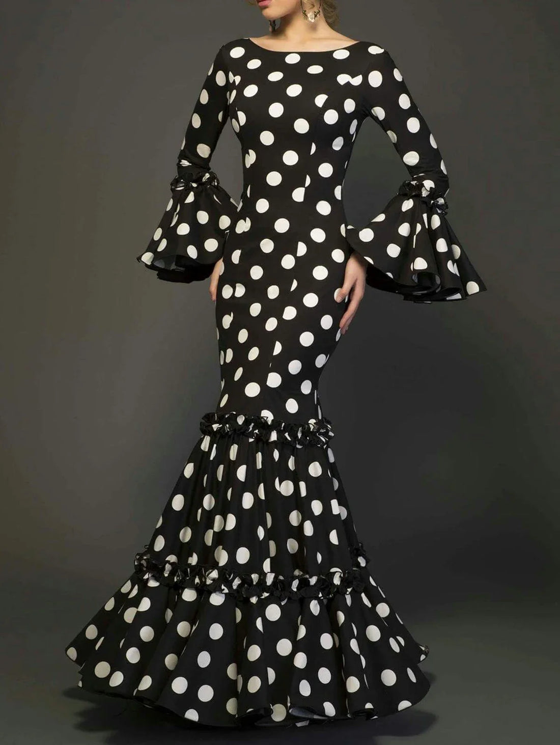Elegant Ladies Dress Fashionable Trumpet Sleeves Polka Dot Decoration