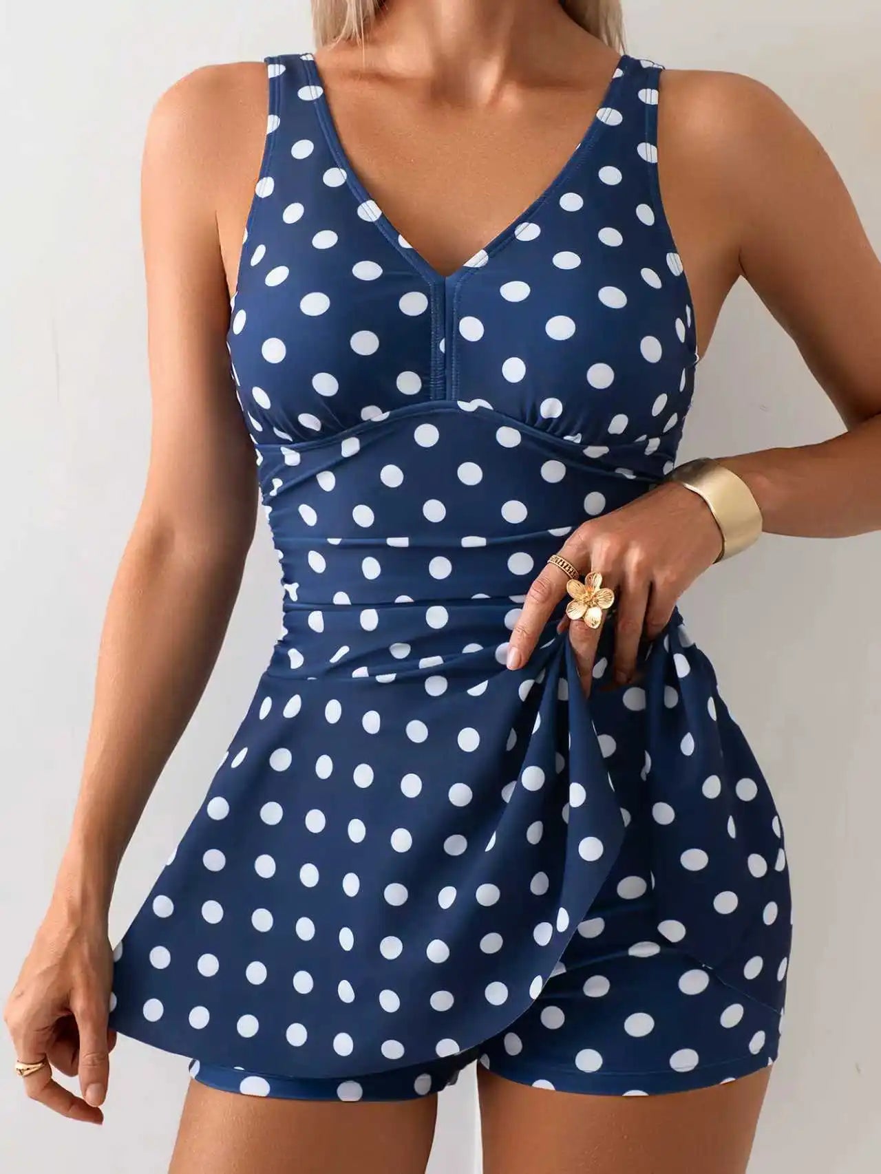Women's Navy Blue Polka Dot Skirted One Piece Swimsuit