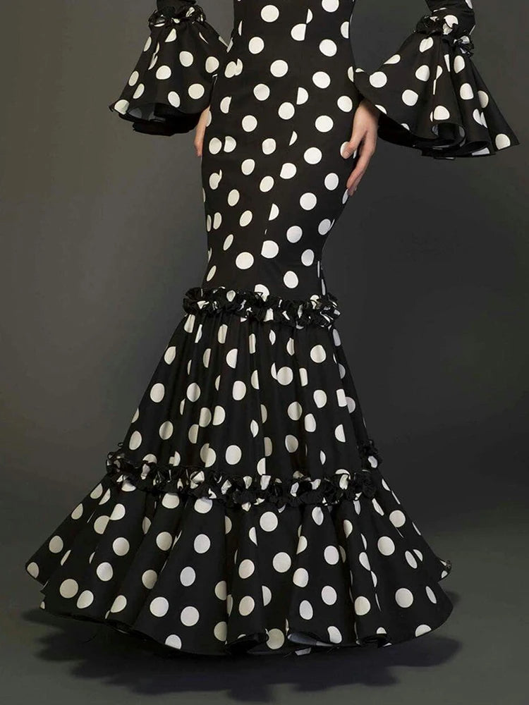 Women Polka Dot Ruffle Tiered Dress Elegant Trumpet Sleeve High Waist