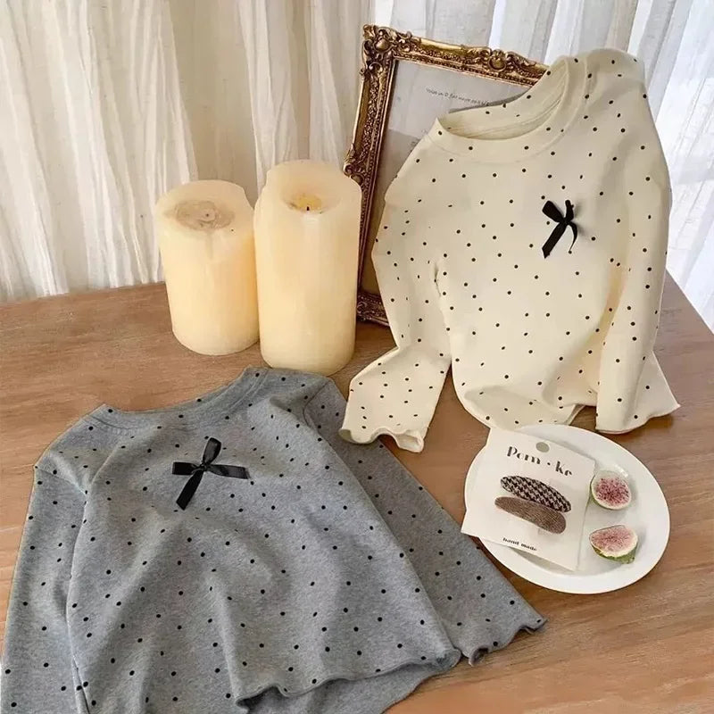 Kid T-shirt Polka Dot Black Bow Long Sleeve Base Shirt Spring