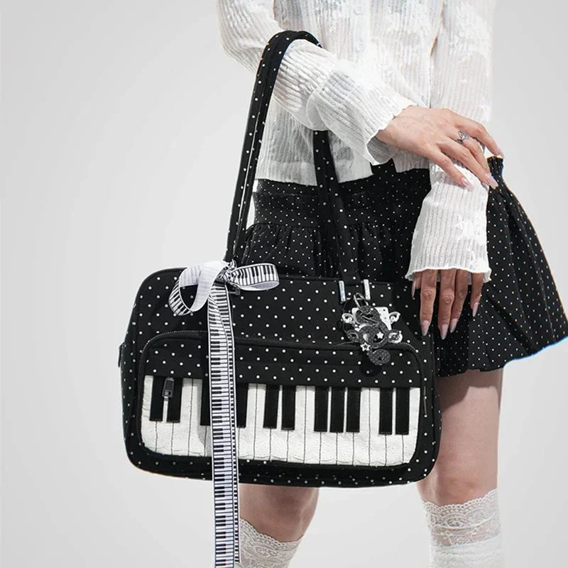 Girls Polka Dot Piano Key Handbag Black And White Retro