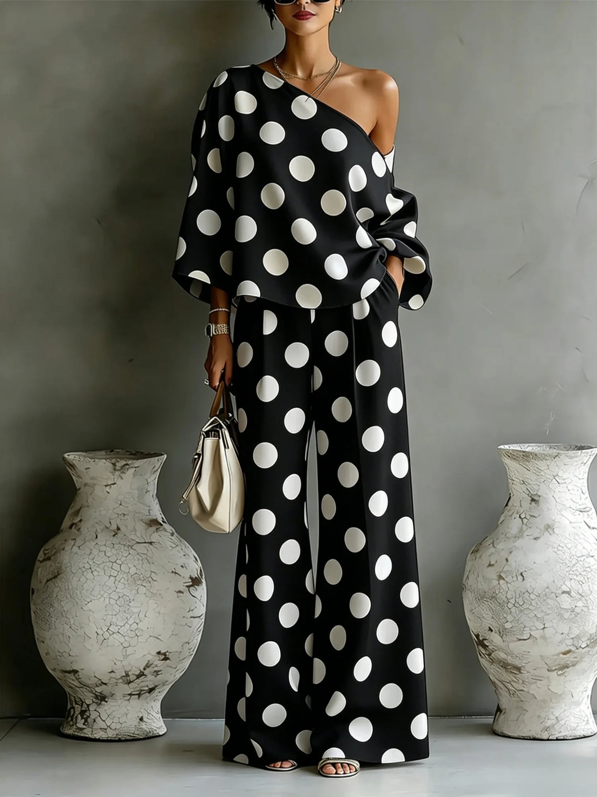 Women's Polka Dot 2 Piece Outfit One Shoulder Blouse And Wide Leg Pants Set Casual Loose Summer Party Tracksuit Elegant New 2026