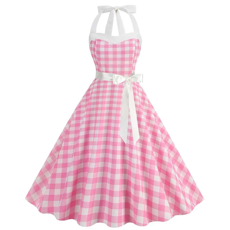 Women Summer Party Dress With Belt Polka Dot Print Halter Hepburn