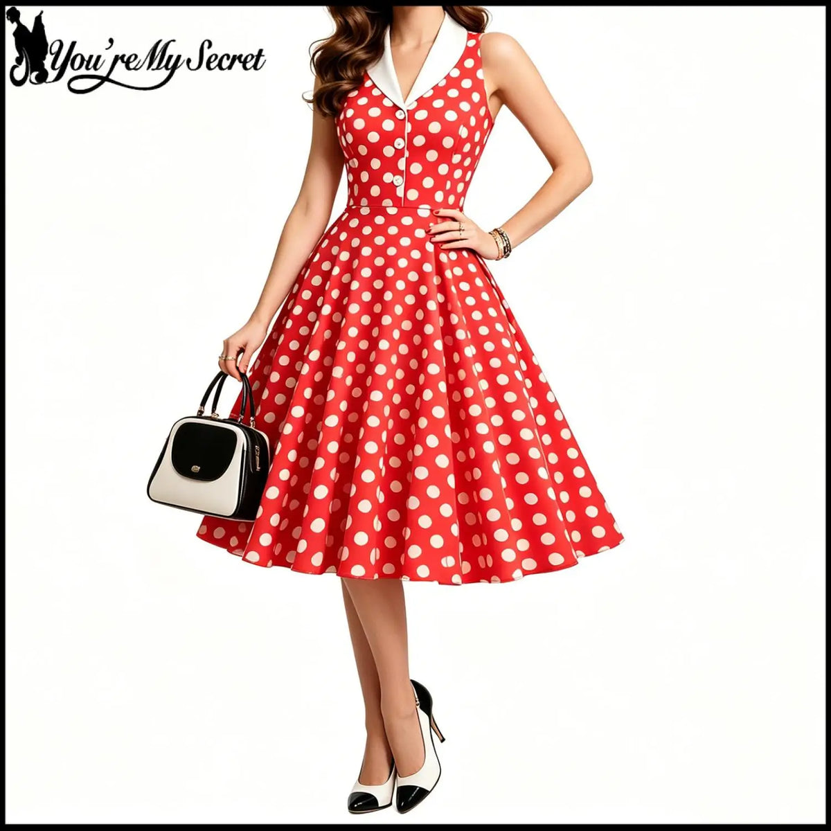 Women 1950s Vintage Polka Dot Swing Dress Contrast White Lapel Sleeveless