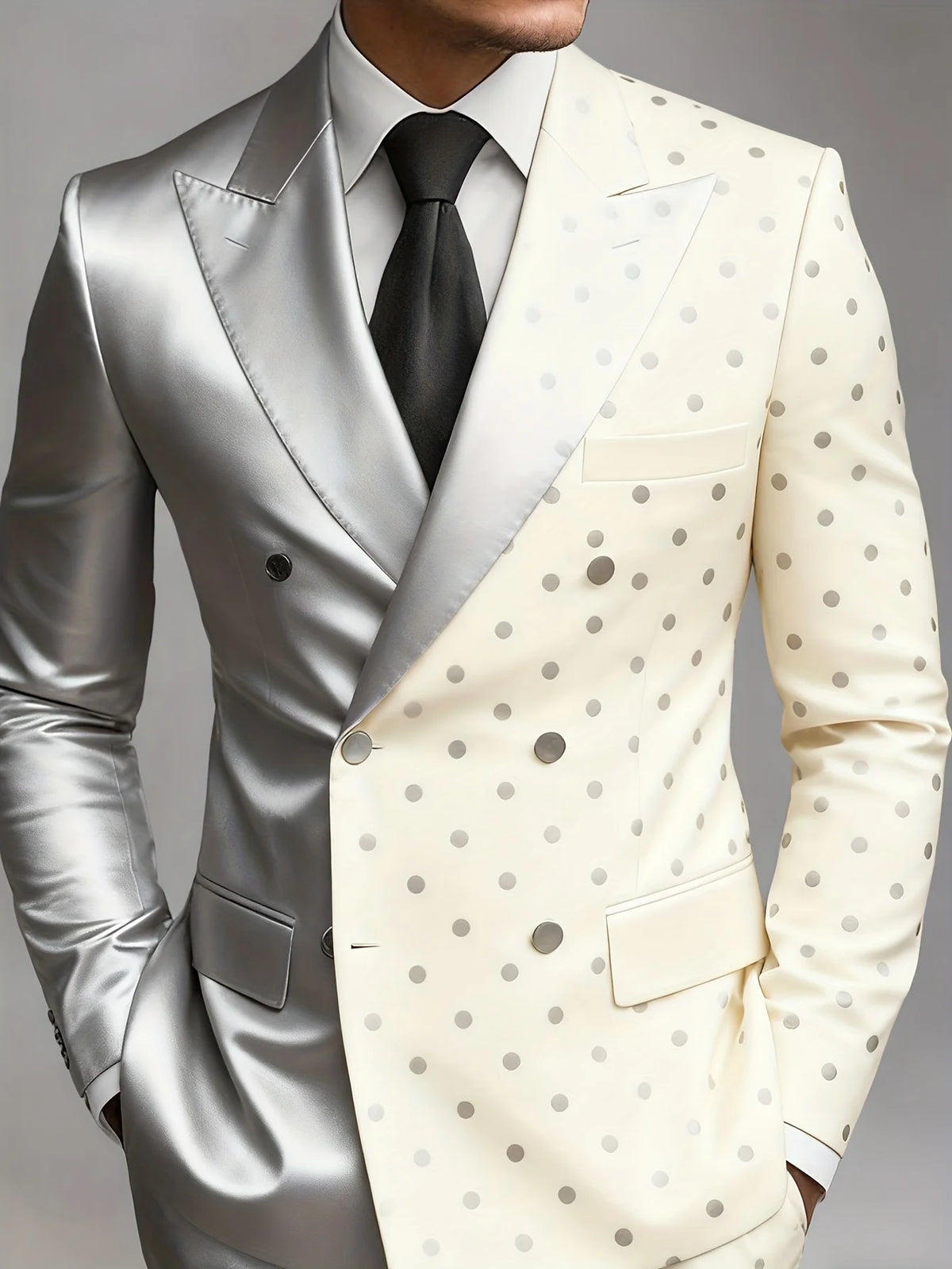 Men Silver Cream Polka Dot Asymmetric Spliced Double Breasted Blazer Peak Lapel Slim Fit Wedding Stage Formal Tuxedo Jacket