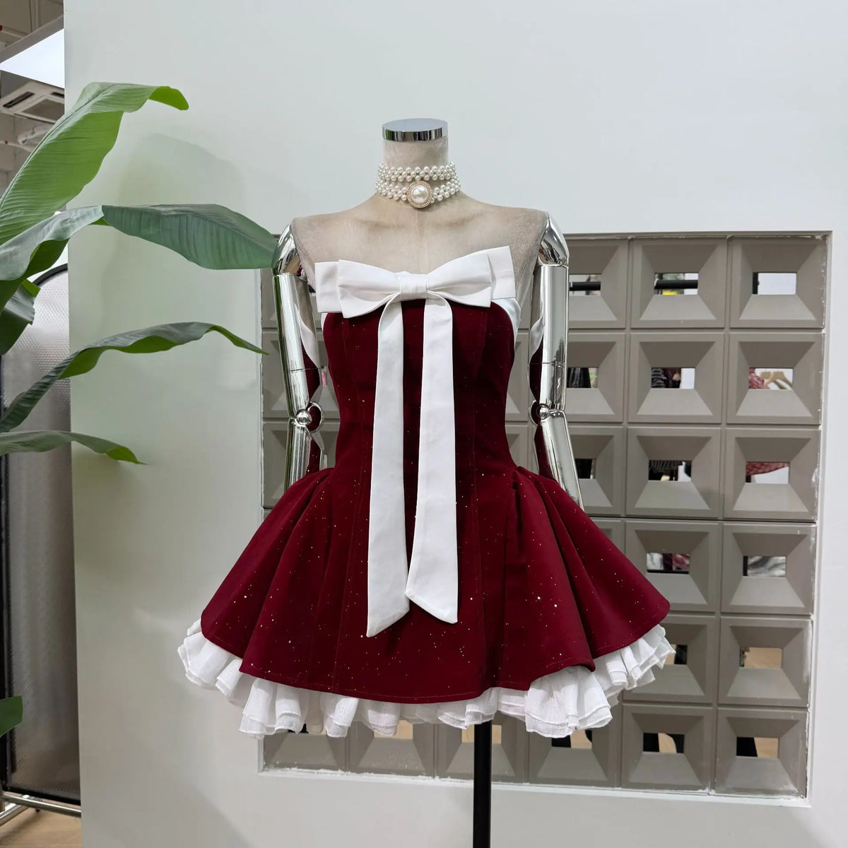 Women Sexy Strapless Backless Polka Dot Bow A Line Dress Party