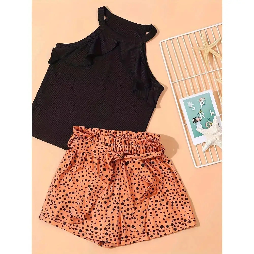 Girl's Trendy Outfit  Halter Neck Camisole & Polka Dot