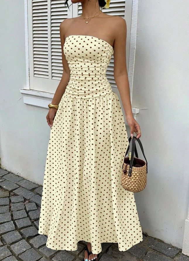 Polka-Dot Tube Top High-Neck Sleeveless Long Dress with Slim Fit