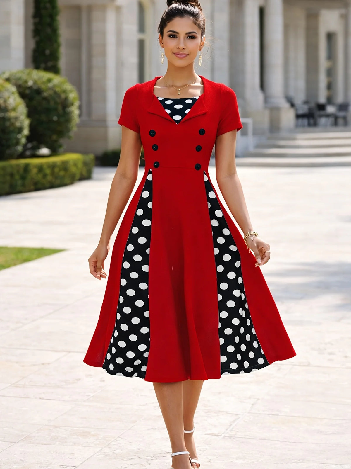 Womens Short Sleeve Summer Square Neck Casual Polka Dot Contrast Vintage