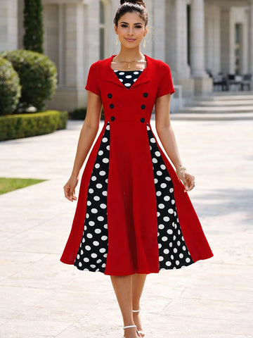 Womens Short Sleeve Summer Square Neck Casual Polka Dot Contrast Vintage