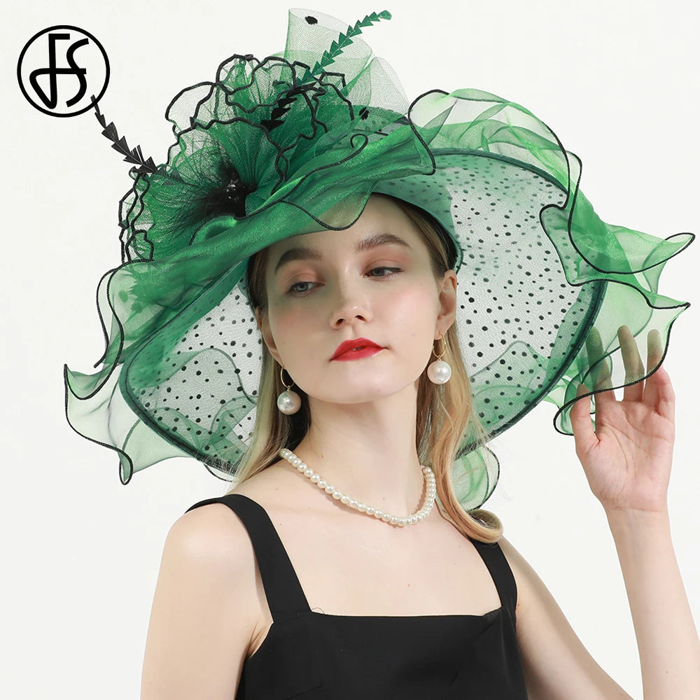 FS Green Kentucky Derby Hat Women Organza Polka Dot Visor Cap