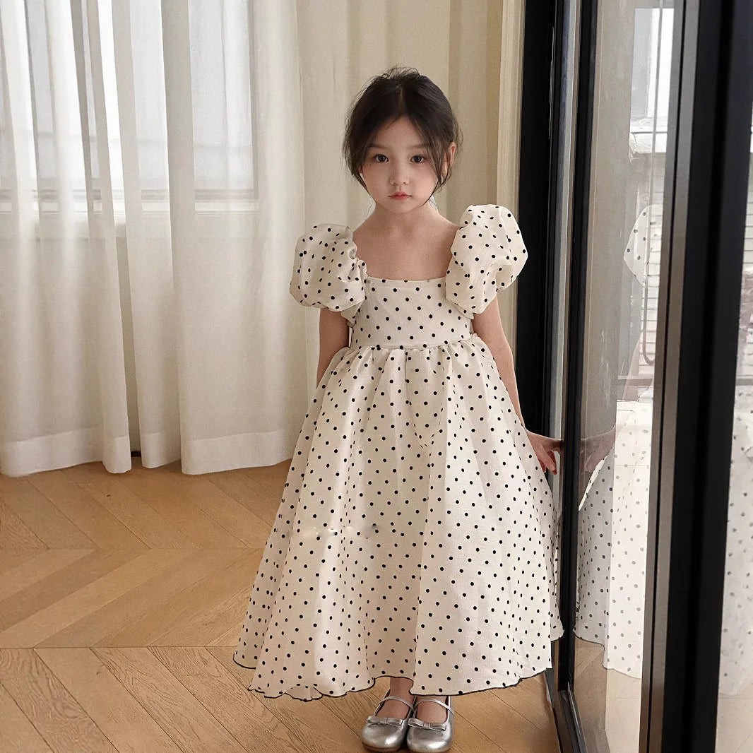Girls Polka Dot Party Dress Summer Bubble Sleeves Princess