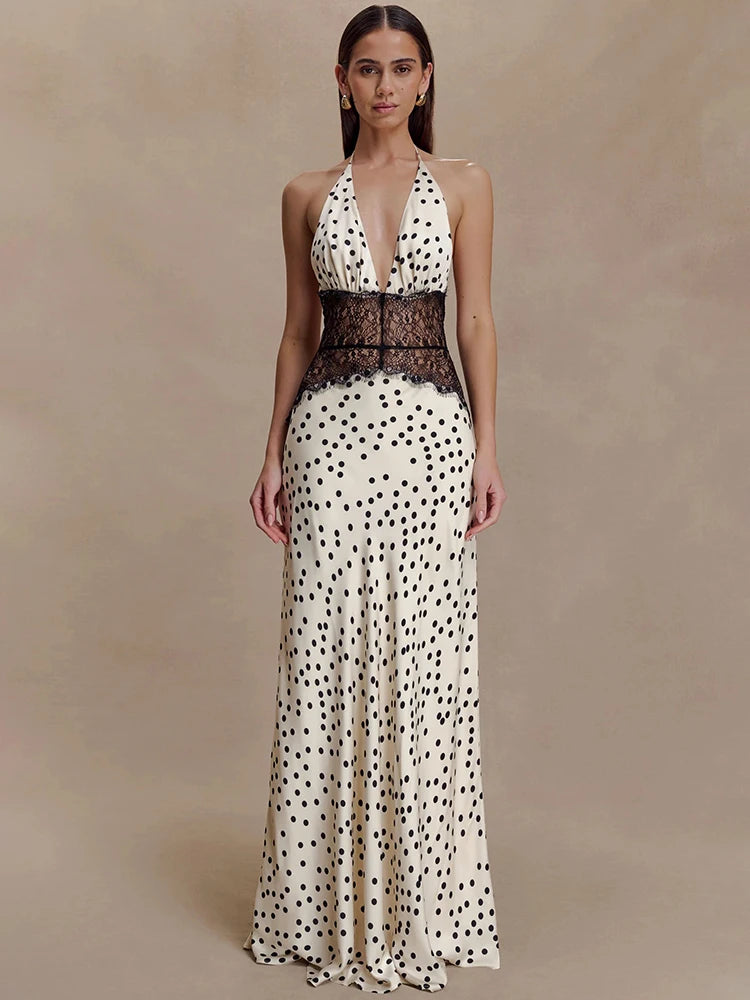 Mozision Polka Dot Backless Sexy Maxi Dress Women Gown Elegant Patchwork