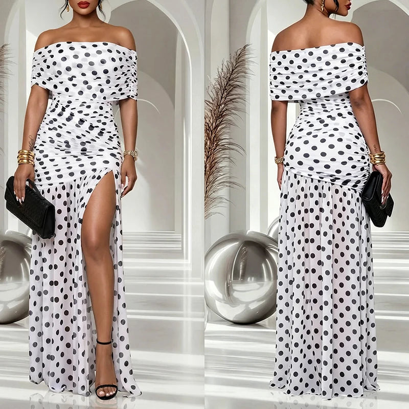 Polka Dot Mesh Off-Shoulder Pleated Party Dress