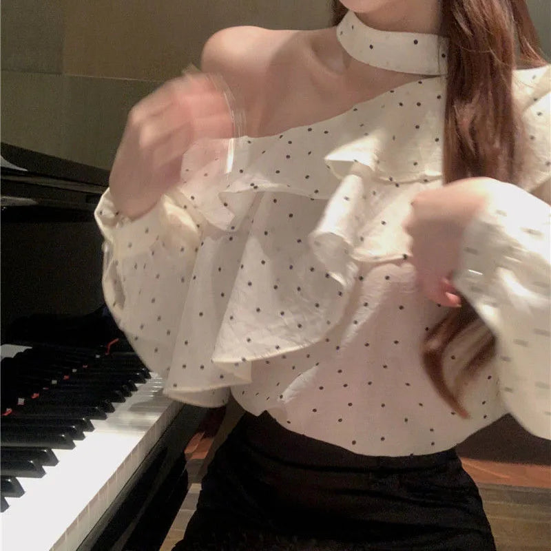 French Style Halter Neck Polka Dot Chiffon Ruffle Blouses