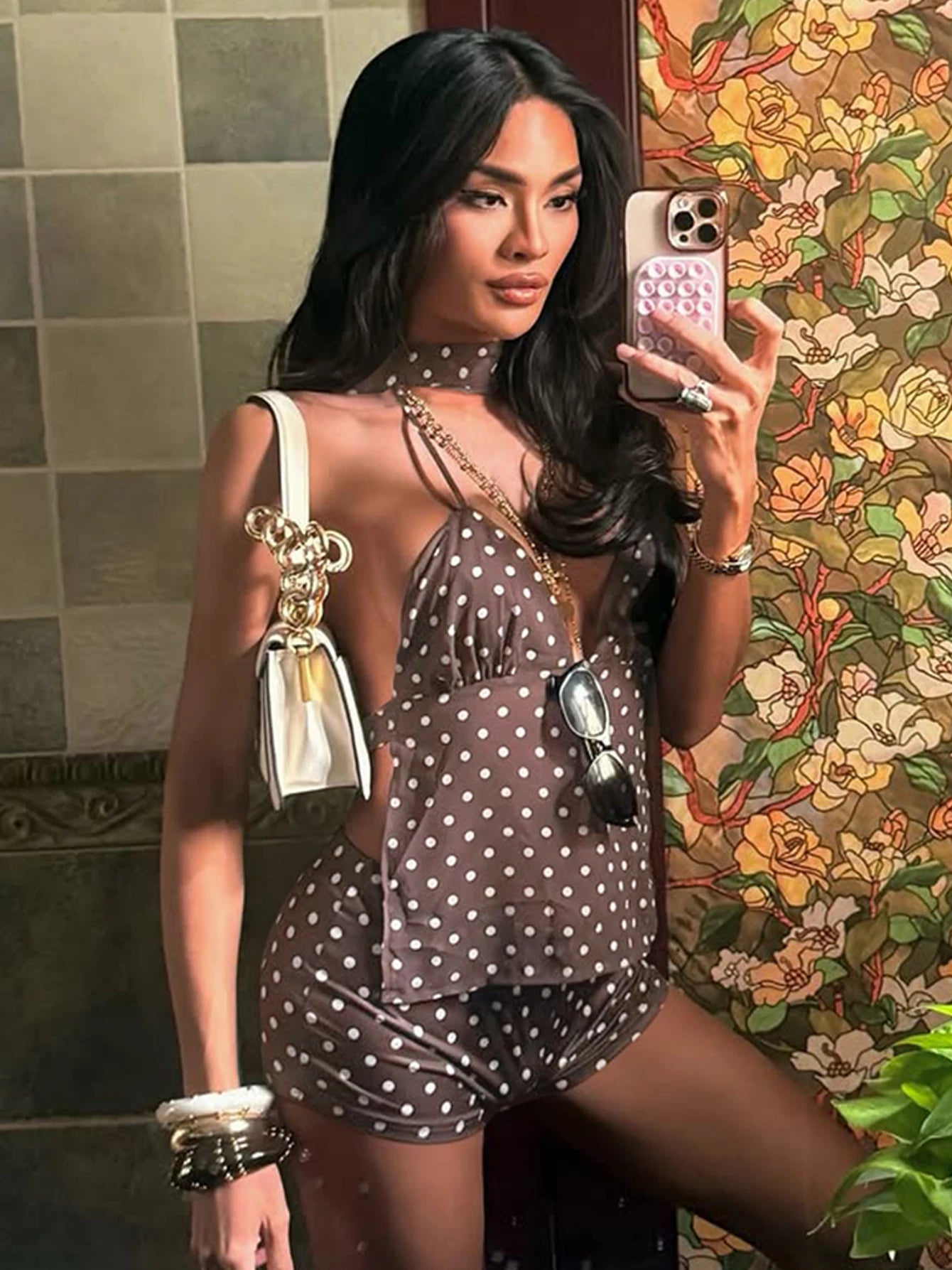 Hugcitar Polka Dot Print 2 Piece Sets Halter Scarf Lace Up