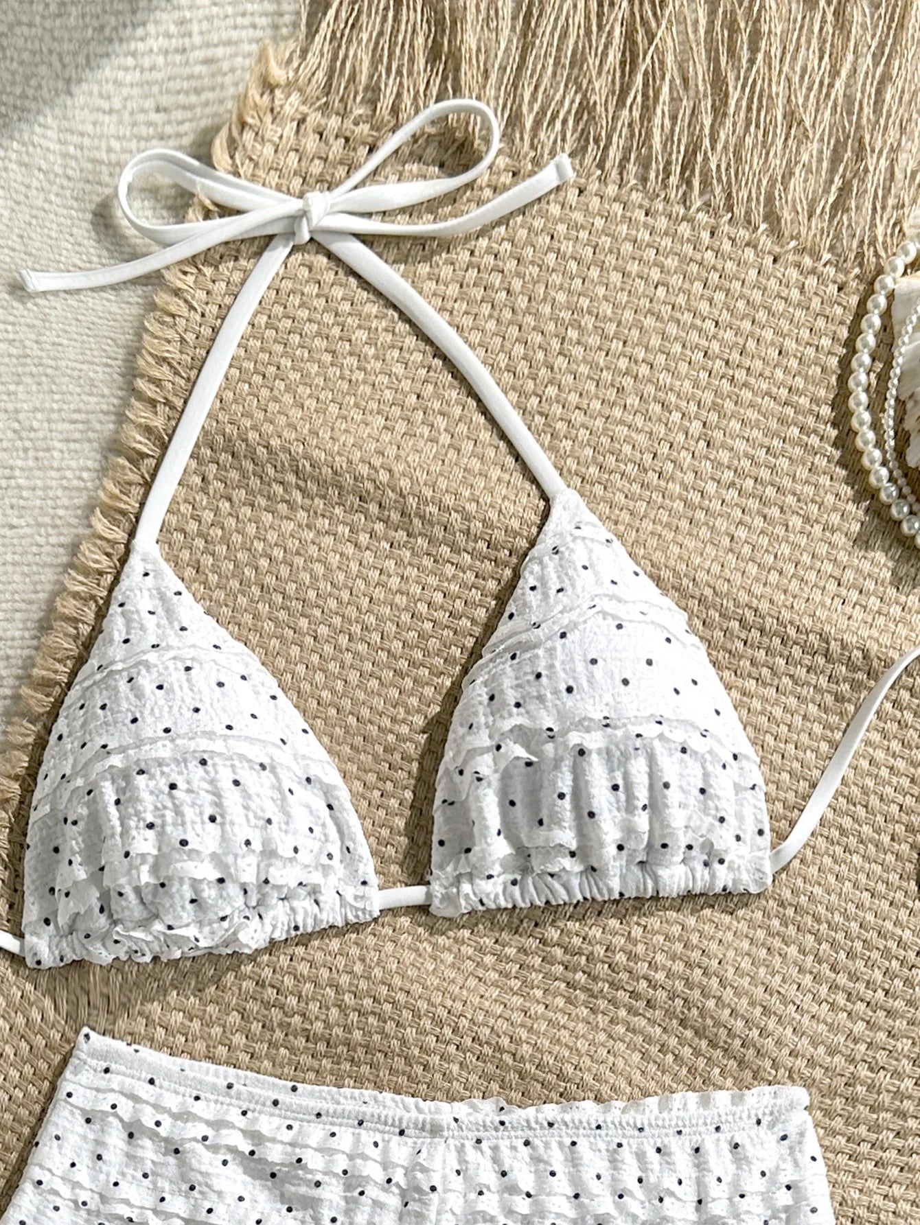 Women's White Polka Dot 2 Piece Bikini Set Textured Ruched