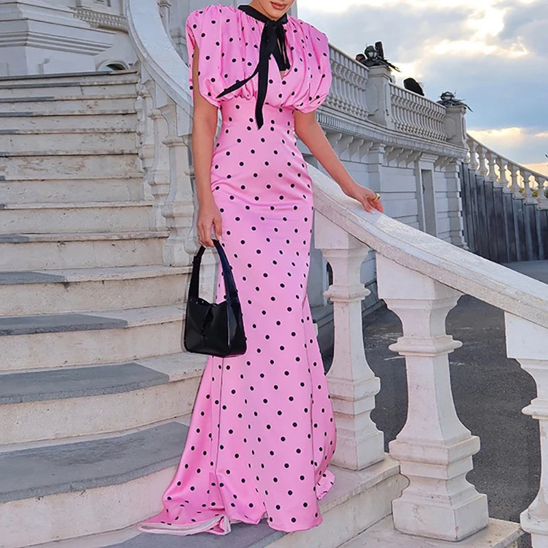 Fashion Polka Dot Wrap Hip Dress Elegant O-Neck Sleeveless Tie Up Office