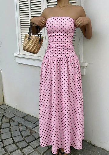 Polka-Dot Tube Top High-Neck Sleeveless Long Dress with Slim Fit