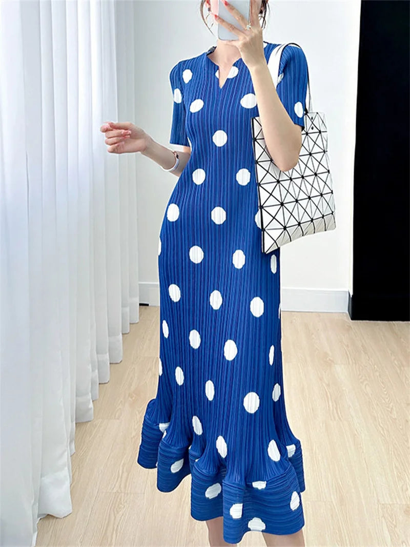 Beautiful Womens Dresses Evening Dresses Miyake Summer Ladies Polka-dot V-neck