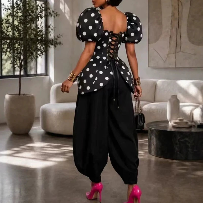 New Polka Dot Print Party Outfit Summer Fashion Street Women Suit Square Neck Puff Sleeve Top with Wide Leg Pants Two Piece Set