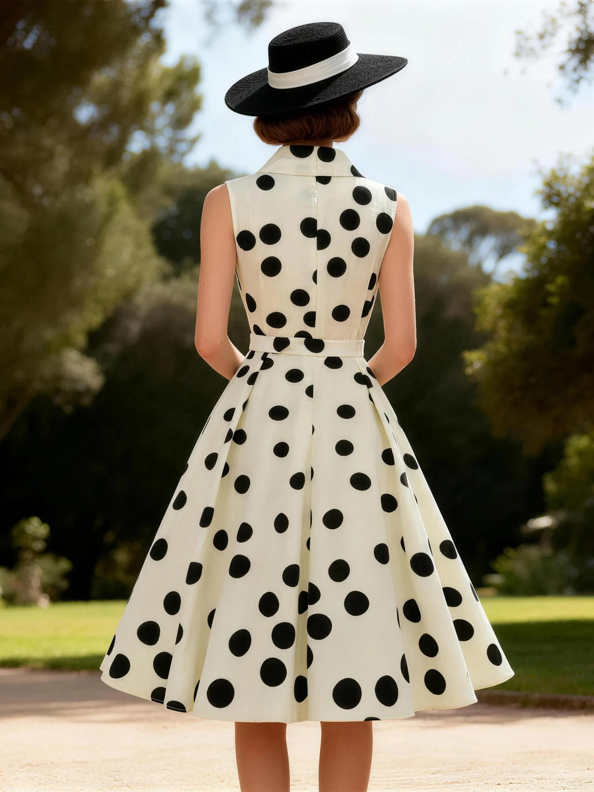 Polka Dot Sleeveless Collared Belted Summer Dress