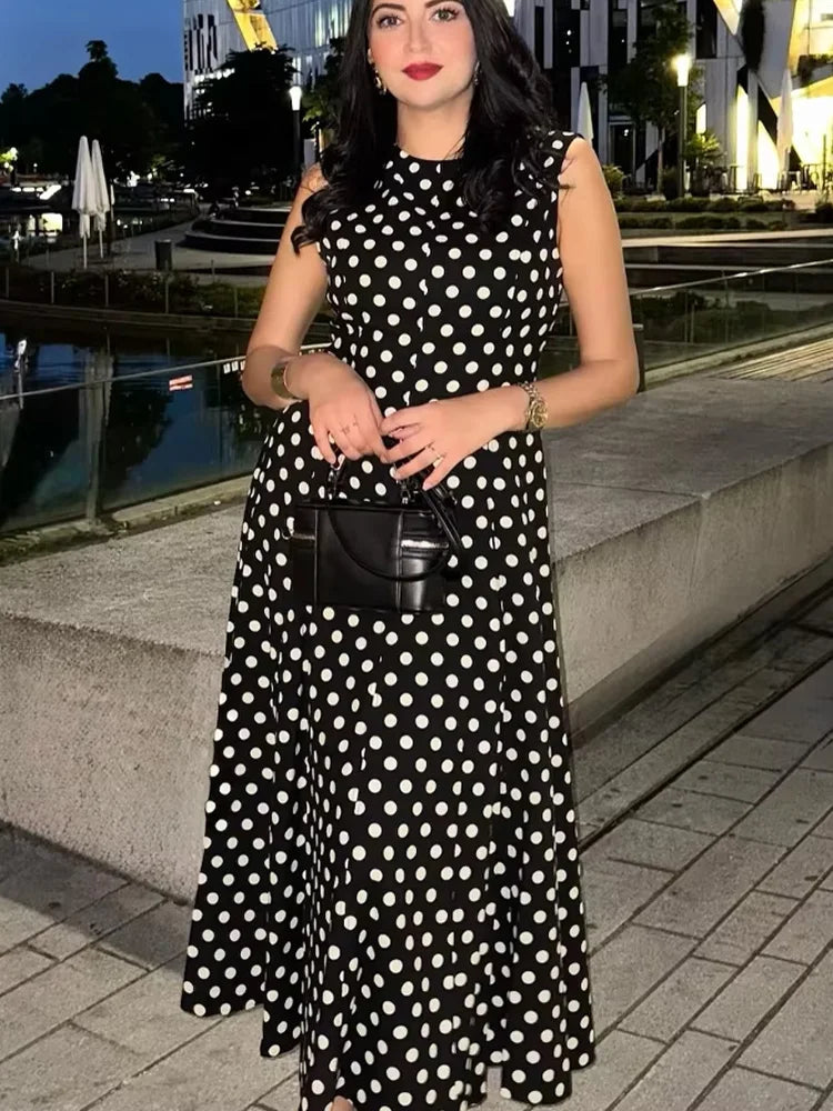 HH Women Polka Dots Print Summer Midi Dress O-Neck Sleeveless Rear Zipper Sexy Dress Female Fashion Slim Beach Party Dress