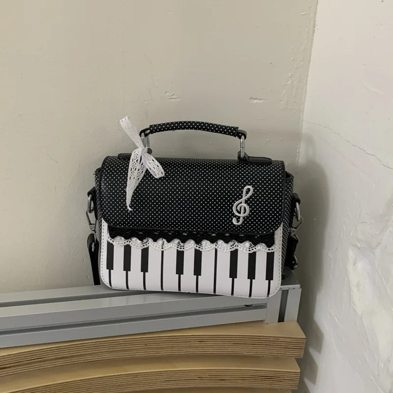 Girls Polka Dot Piano Key Handbag Black And White Retro